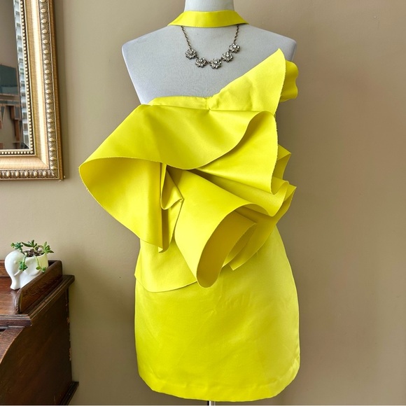 Zara Limited Edition Yellow Voluminous Mini Dress Exaggerated Ruffle Size M NWT - Picture 4 of 16